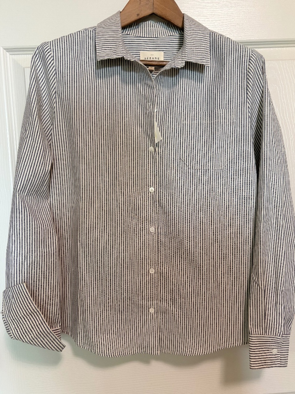 Sezane Tomboy button down shirt Ecru/ Blue sz8 NWT! - Picture 2 of 7